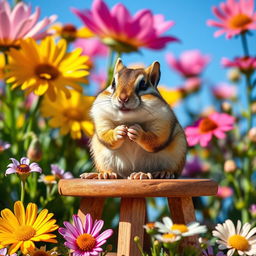 A cute and lively chipmunk sitting on a small wooden table, surrounded by an array of colorful wildflowers, with a bright blue sky in the background