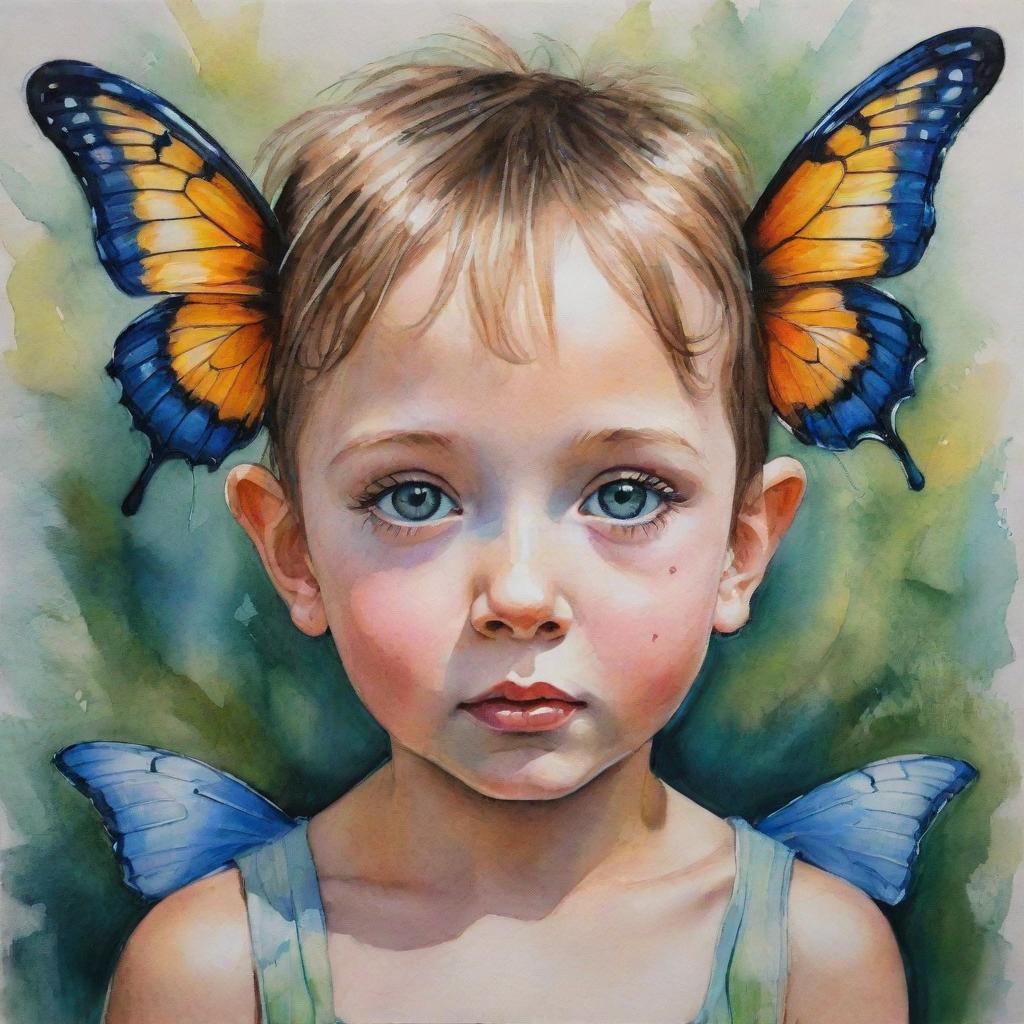 An acrylic ink painting of a whimsical child with butterfly wings for ears, engrossed in nature's whispers, eyes wide with wonder, portraying innocence and magic.