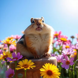 A cute and lively chipmunk sitting on a small wooden table, surrounded by an array of colorful wildflowers, with a bright blue sky in the background