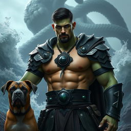 A handsome Goliath fighter with short black hair and a goatee, showcasing striking green and teal skin