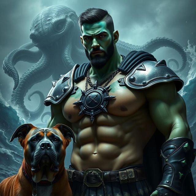 A handsome Goliath fighter with short black hair and a goatee, showcasing striking green and teal skin