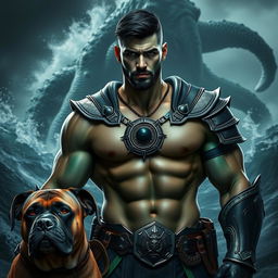 A handsome Goliath fighter with short black hair and a goatee, showcasing striking green and teal skin