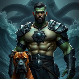 A handsome Goliath fighter with short black hair and a goatee, showcasing striking green and teal skin