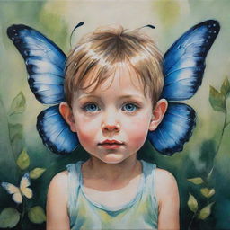 An acrylic ink painting of a whimsical child with butterfly wings for ears, engrossed in nature's whispers, eyes wide with wonder, portraying innocence and magic.