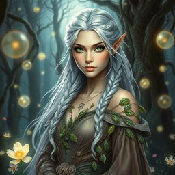 A mesmerizing portrait of a fantasy elven woman, with shimmering silver hair cascading down her back, adorned with intricate braids