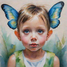 An acrylic ink painting of a whimsical child with butterfly wings for ears, engrossed in nature's whispers, eyes wide with wonder, portraying innocence and magic.