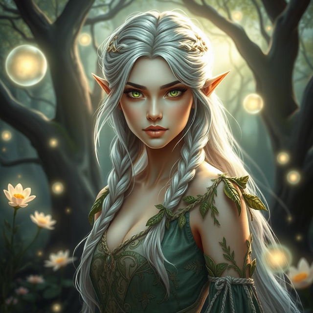 A mesmerizing portrait of a fantasy elven woman, with shimmering silver hair cascading down her back, adorned with intricate braids