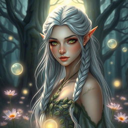 A mesmerizing portrait of a fantasy elven woman, with shimmering silver hair cascading down her back, adorned with intricate braids