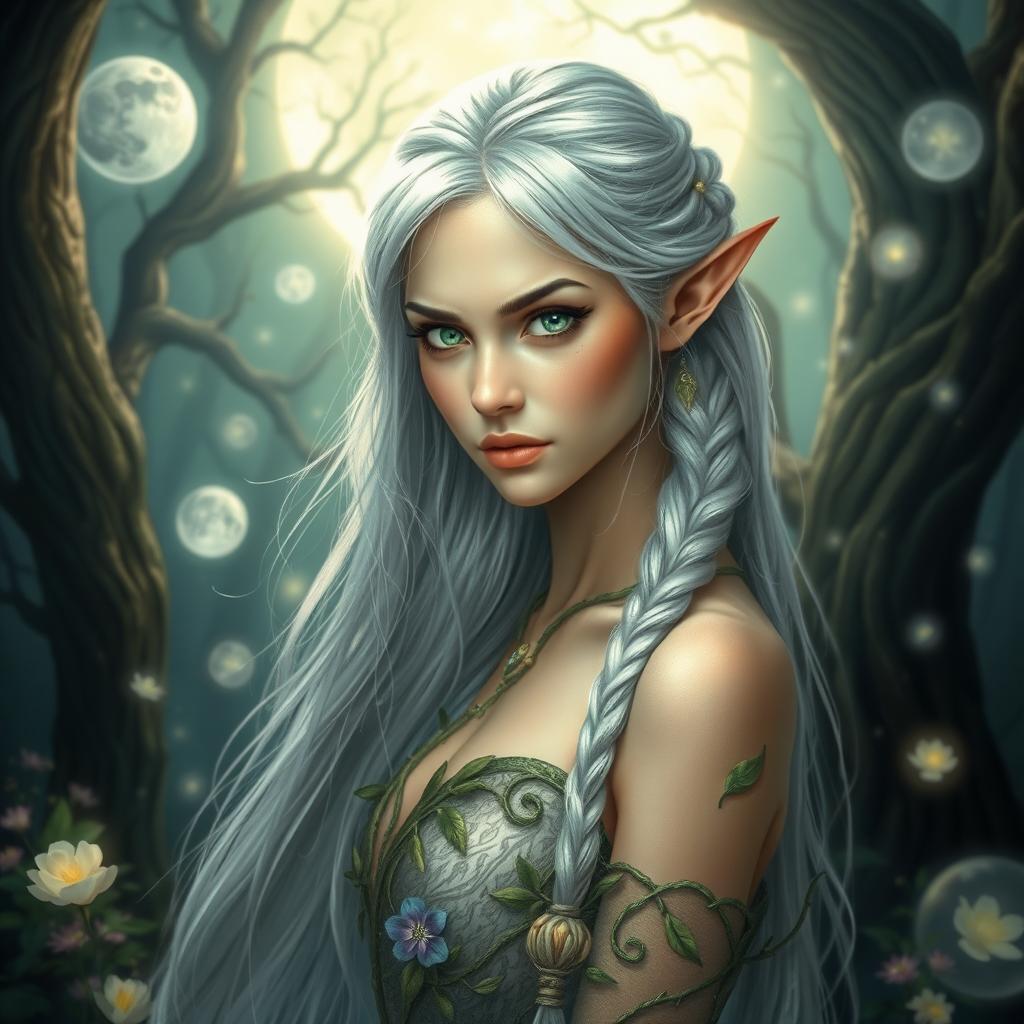 A mesmerizing portrait of a fantasy elven woman, with shimmering silver hair cascading down her back, adorned with intricate braids