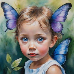 An acrylic ink painting of a whimsical child with butterfly wings for ears, engrossed in nature's whispers, eyes wide with wonder, portraying innocence and magic.