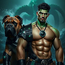 A handsome Goliath fighter with short black hair and a goatee, showcasing striking green and teal skin