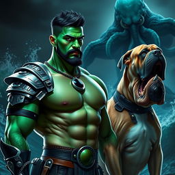 A handsome Goliath fighter with short black hair and a goatee, showcasing striking green and teal skin