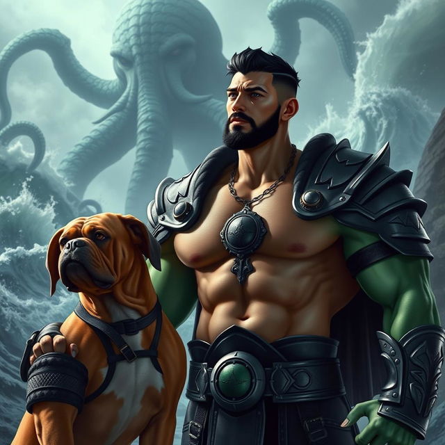 A handsome Goliath fighter with short black hair and a goatee, showcasing striking green and teal skin