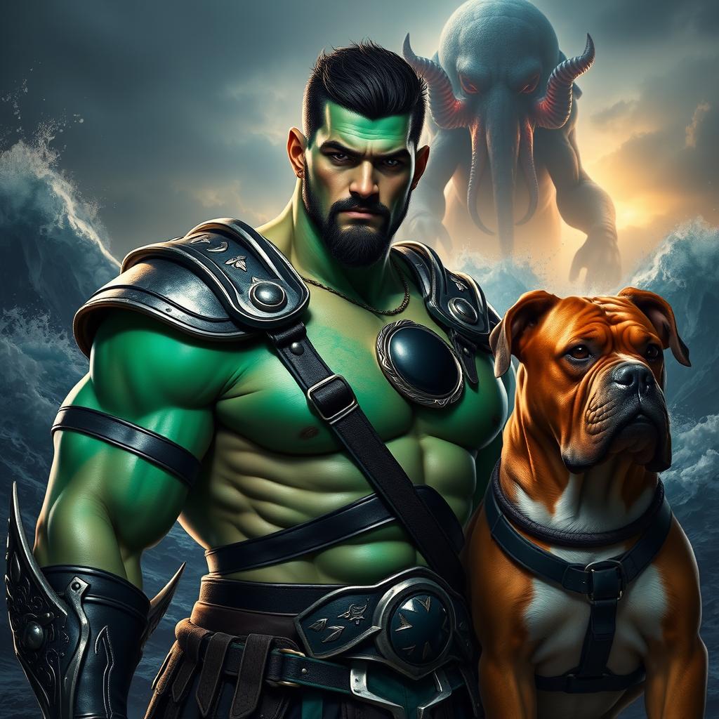 A handsome Goliath fighter with short black hair and a goatee, showcasing striking green and teal skin