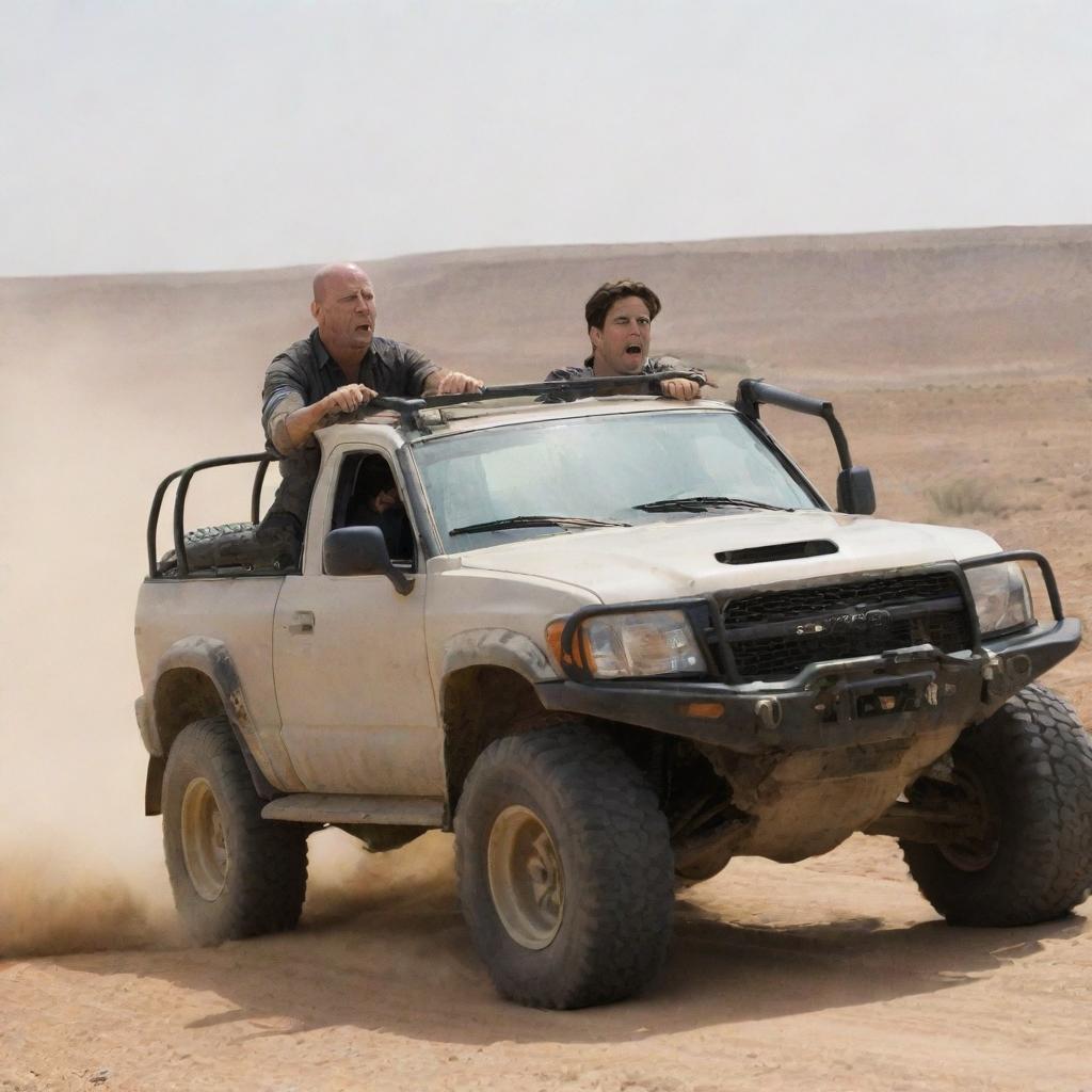 A high-action scene in the desert, with Bruce Willis and Justin Trudeau, driving dynamically in a side-by-side off-road vehicle.