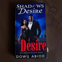 A dark and moody city skyline serves as the backdrop for the book cover of "Shadows of Desire" by Idowu Abiodun