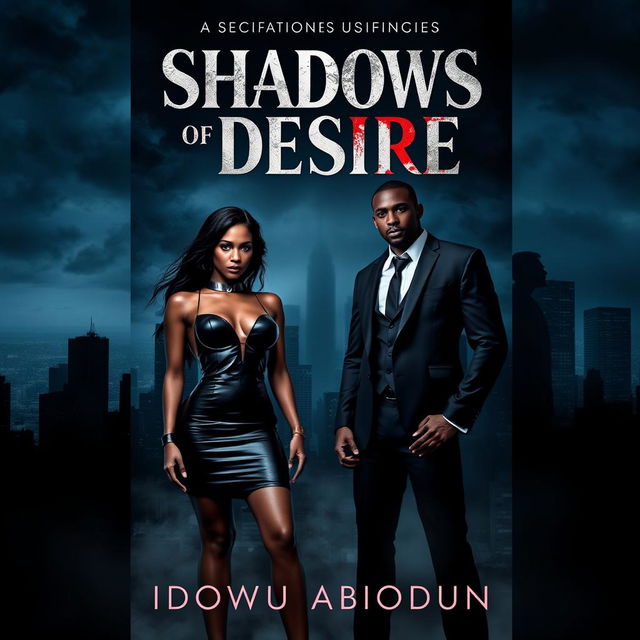 A dark and moody city skyline serves as the backdrop for the book cover of "Shadows of Desire" by Idowu Abiodun