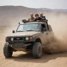 A high-action scene in the desert, with Bruce Willis and Justin Trudeau, driving dynamically in a side-by-side off-road vehicle.