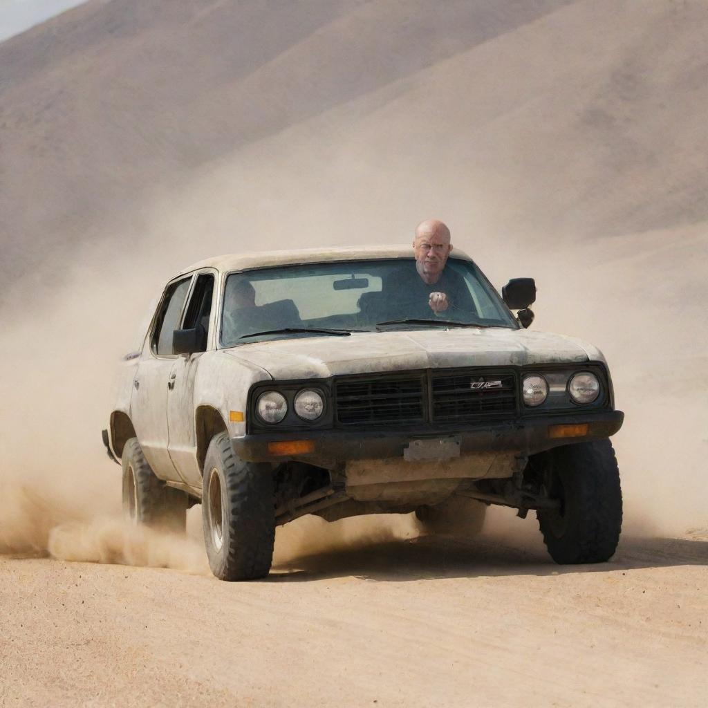 A high-action scene in the desert, with Bruce Willis and Justin Trudeau, driving dynamically in a side-by-side off-road vehicle.