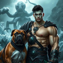 A handsome Goliath fighter with short black hair and a goatee, displaying striking teal skin and piercing green eyes
