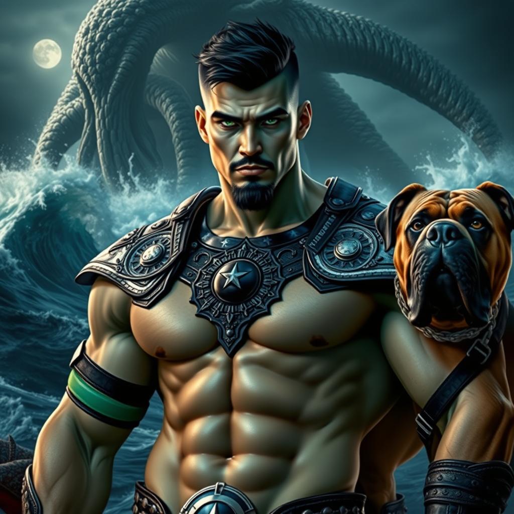 A handsome Goliath fighter with short black hair and a goatee, displaying striking teal skin and piercing green eyes