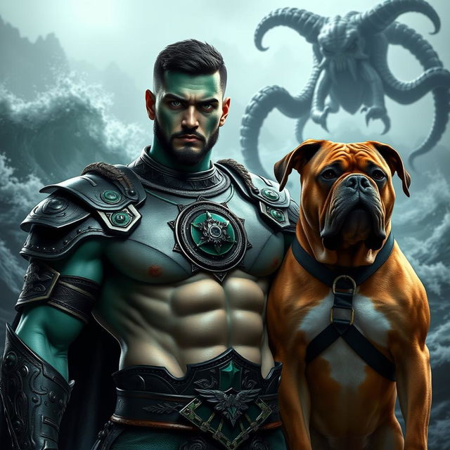 A handsome Goliath fighter with short black hair and a goatee, displaying striking teal skin and piercing green eyes