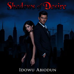 A dark city skyline under a night sky, highlighting two central characters: Elara wearing a sleek, modern outfit with sharp lines and a confident posture, exuding intensity, alongside Lucian, dressed in a tailored suit that emphasizes his strong physique and commanding presence, both standing back to back