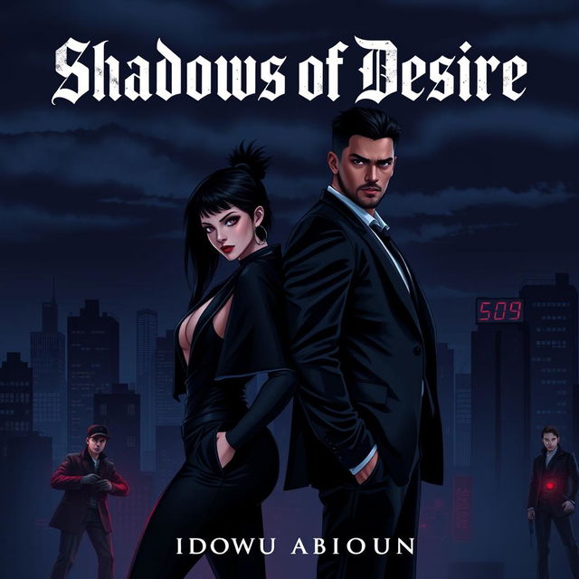 A dark city skyline under a night sky, highlighting two central characters: Elara wearing a sleek, modern outfit with sharp lines and a confident posture, exuding intensity, alongside Lucian, dressed in a tailored suit that emphasizes his strong physique and commanding presence, both standing back to back