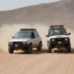 A high-action scene in the desert, with Bruce Willis and Justin Trudeau, driving dynamically in a side-by-side off-road vehicle.