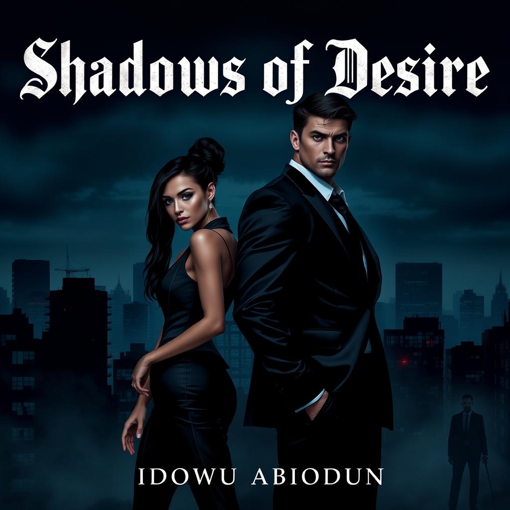 A dark city skyline under a night sky, highlighting two central characters: Elara wearing a sleek, modern outfit with sharp lines and a confident posture, exuding intensity, alongside Lucian, dressed in a tailored suit that emphasizes his strong physique and commanding presence, both standing back to back