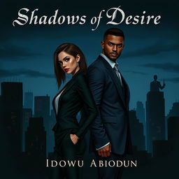 A dark city skyline under a night sky, highlighting two central characters: Elara wearing a sleek, modern outfit with sharp lines and a confident posture, exuding intensity, alongside Lucian, dressed in a tailored suit that emphasizes his strong physique and commanding presence, both standing back to back