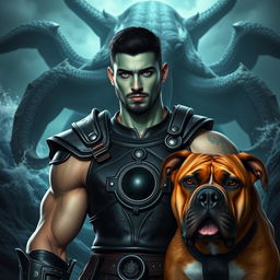 A handsome Goliath fighter with short black hair and a goatee, showcasing striking teal skin and intense green eyes