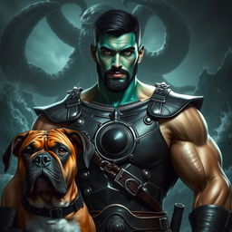 A handsome Goliath fighter with short black hair and a goatee, showcasing striking teal skin and intense green eyes