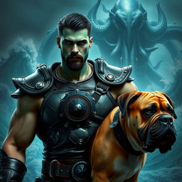A handsome Goliath fighter with short black hair and a goatee, showcasing striking teal skin and intense green eyes