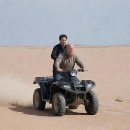 An evocative image of actor Bruce Willis and politician Justin Trudeau in the desert, driving an all-terrain vehicle (ATV) through the sandy expanse.