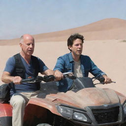 An evocative image of actor Bruce Willis and politician Justin Trudeau in the desert, driving an all-terrain vehicle (ATV) through the sandy expanse.