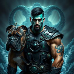 A handsome Goliath fighter with short black hair and a goatee, featuring striking teal skin and captivating green eyes