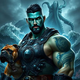 A handsome Goliath fighter with short black hair and a goatee, featuring striking teal skin and captivating green eyes