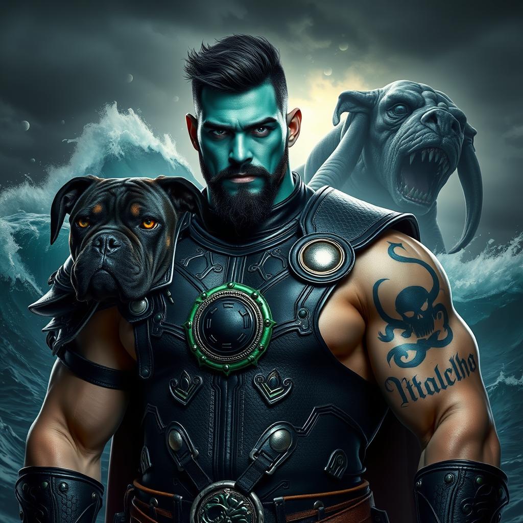 A handsome Goliath fighter with short black hair and a goatee, featuring striking teal skin and captivating green eyes