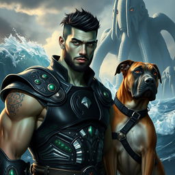 A handsome Goliath fighter with short black hair and a goatee, featuring striking teal skin and captivating green eyes