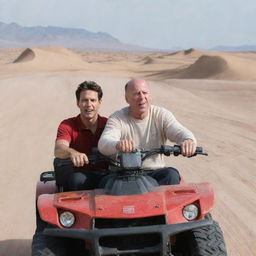 An evocative image of actor Bruce Willis and politician Justin Trudeau in the desert, driving an all-terrain vehicle (ATV) through the sandy expanse.