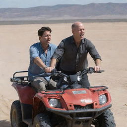 An evocative image of actor Bruce Willis and politician Justin Trudeau in the desert, driving an all-terrain vehicle (ATV) through the sandy expanse.