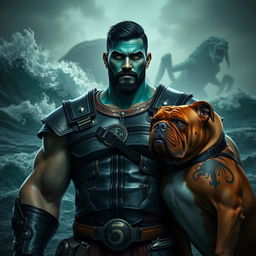 A handsome Goliath fighter with short black hair and a goatee, showcasing striking teal skin and vibrant green eyes