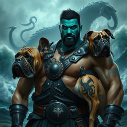 A handsome Goliath fighter with short black hair and a goatee, showcasing striking teal skin and vibrant green eyes