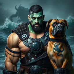 A handsome Goliath fighter with short black hair and a goatee, showcasing striking teal skin and vibrant green eyes