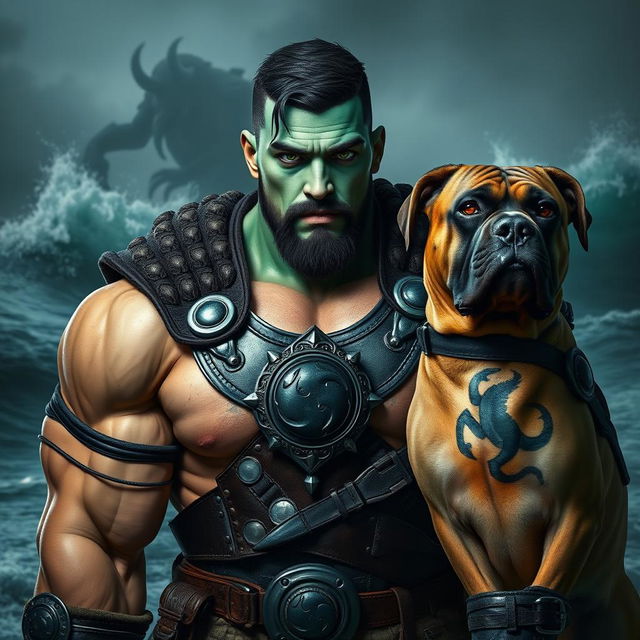 A handsome Goliath fighter with short black hair and a goatee, showcasing striking teal skin and vibrant green eyes