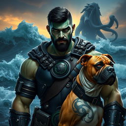 A handsome Goliath fighter with short black hair and a goatee, showcasing striking teal skin and vibrant green eyes