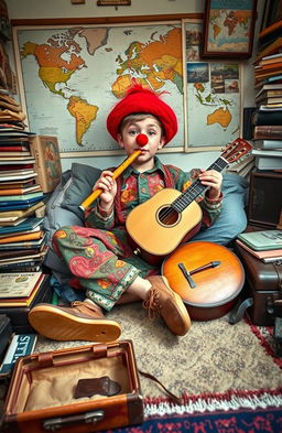 A young adventurer boy lounging in his messy room, surrounded by travel memorabilia