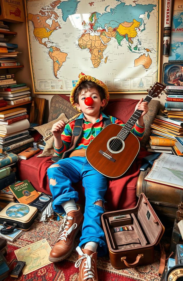 A young adventurer boy lounging in his messy room, surrounded by travel memorabilia