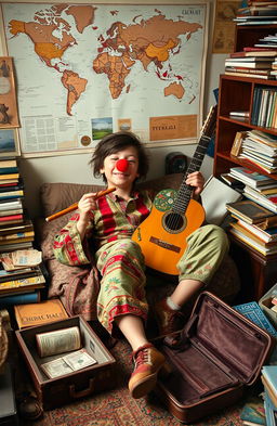 A young adventurer boy lounging in his messy room, surrounded by travel memorabilia